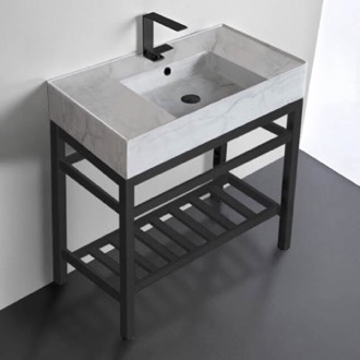 Console Bathroom Sink Modern Marble Design Ceramic Console Sink and Matte Black Base, 32